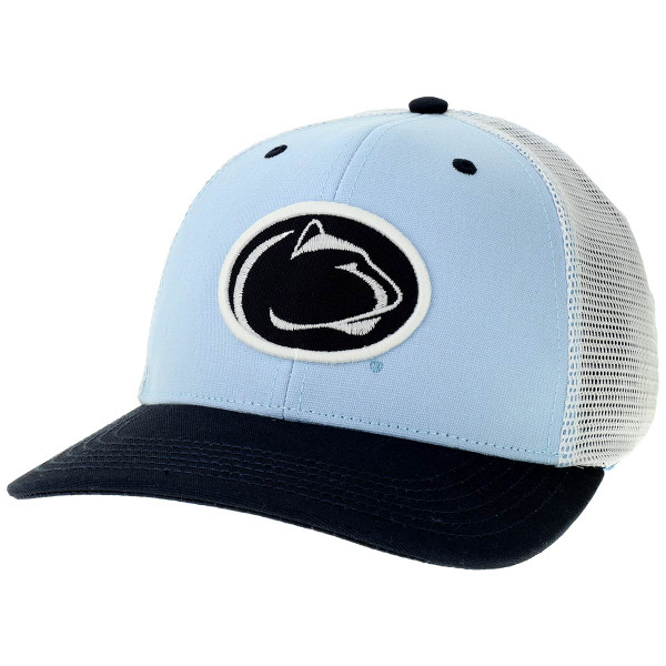 trucker hat light blue body, navy brim with white back and Penn State Athletic Logo